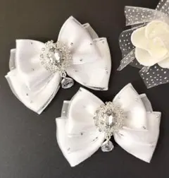 ヘアクリップリボン ホワイト 白 キラキララインストーンチュール 量産型ドロップ