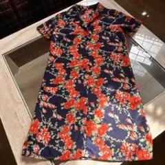 花柄 半袖ワンピースネイビー レッド 開襟　ヴィンテージ 70's レトロのサムネイル