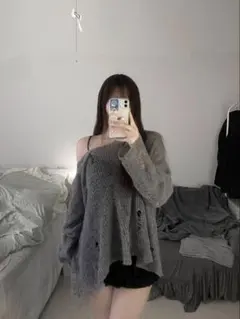 グレー オフショルダー ダメージニット♡