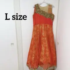 ロングドレス【L】オレンジ ノースリーブ ビーズ 刺繍入り 発表会 パーティ