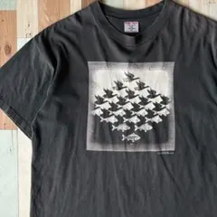 【XL】90s M.C.Escher 空と水 プリントTシャツ 黒 当時物 希少