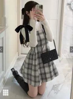 GRLツイードチェックショルダーリボンミニワンピース[tu1417]
