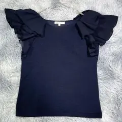 PROPORTION【2】半袖ブラウス　ネイビー　フリル　レディース　少し厚手