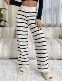 SHEIN ボーダー柄 リブニット ワイドパンツ イージーパンツ Sサイズ