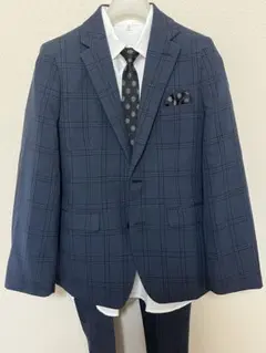ネイビー チェック柄 子供用スーツ セット　150cm(黒スニーカー24cm付)