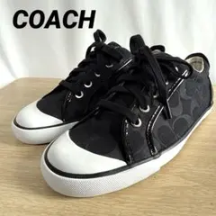 【美品】COACHコーチシグネチャー柄　パテントレザー　ブラック　スニーカーのサムネイル