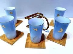 〈匿名配送〉新品未使用【希少 レトロ】青色 陶器 湯呑み＆コースター5個セット