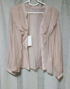 フリル長袖シアーブラウス　サーモンピンク　 Lサイズ　新品　前ボタンのサムネイル