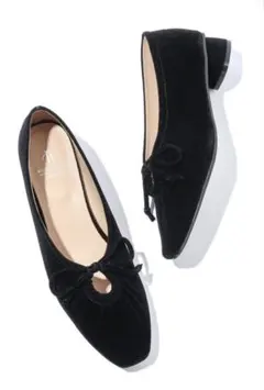 リボンギャザーベロアパンプス 黒スエード 24.0 未使用