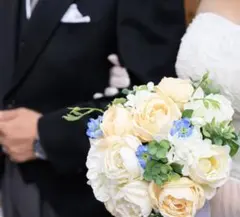 ウェディングブーケ&ブートニアセット　アーティフィシャルフラワー　造花　白黄青