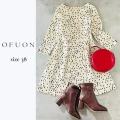 【美品】OFUON ドット柄 ワンピース 38 M 七分袖 Aライン フレア