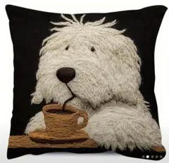 22【クッションカバー】刺繍風プリント 犬 コーヒーカップ 黒地