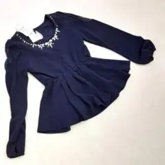 新品タグ付 パンプキン ペプラム 長袖 肩レース ビジュー ネイビー M 上品