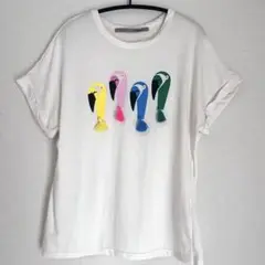 【美品】toranoi トラノイカラフルオウムTシャツSオフホワイト