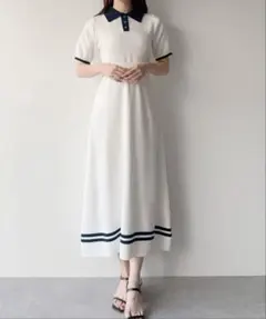 リボン付きポロニットセミフレアワンピース