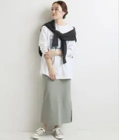 イエナ ランダムリブカットスカート ウエストゴム グリーン ストレッチ M 38