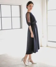お値下げしました！袖チュールドットワンピース　ネイビー