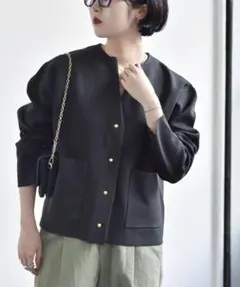 quaranciel:〈手洗い可能〉ノーカラー ポケット ニット ジャケット