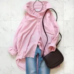 美品 シップスエニィ コットン レギュラーカラー 刺繍 シャツ ピンク