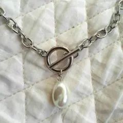 【新品】ポイントパール(風)チェーンネックレス　UP-SWING シルバー系