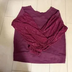 バーガンディ Vネック トップス レース袖
