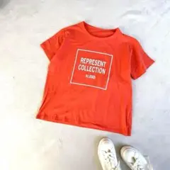 Tシャツ　レディース　ロゴTシャツ　オレンジ　プリント　韓国製　M 綿100%