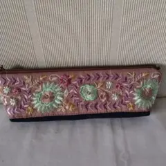 インド刺繍リボンペンケース♪小物入れ★パープル