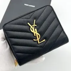 サンローラン キャビアスキン ラウンドジップ コンパクトウォレット ブラック 黒