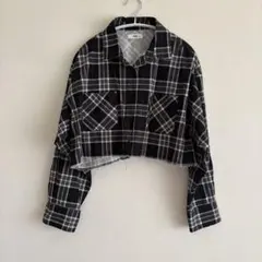 レディースWEGO クロップド丈 チェックシャツ ブラック フリンジ ショート丈