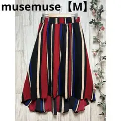 musemuseフレアスカート 赤黒青ストライプ　ウエストゴム【M】