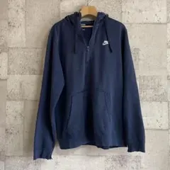 NIKE ハーフジップ パーカー ネイビー ワンポイントロゴ　ボロ