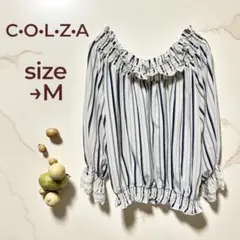 C・O・L・Z・A コルザ 白ネイビーストライプ柄ラッフルネックトップス