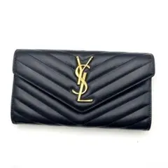 【美品】 サンローラン ブラックレザー 長財布 フラップ キャビアスキン