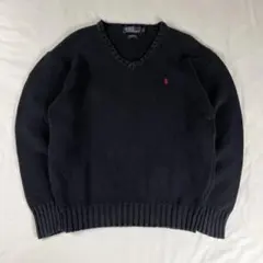 ポロバイラルフローレン コットンニット Vネック 黒無地 赤ポニー