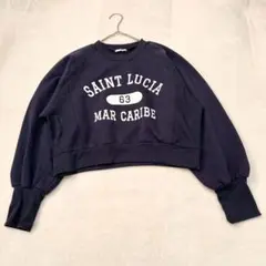 yt022 ショート丈ビックロゴトレーナー L ボリューム袖 裏起毛 短丈 濃紺