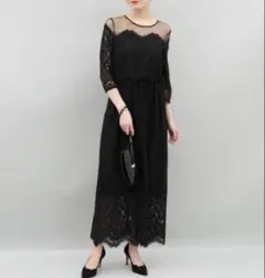 Adam et rope チュールパネルレースドレス　ブラック　結婚式のサムネイル