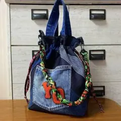 デニムリメイク⭐️巾着バッグ⭐️ロゴ⭐️ショルダーバッグ⭐️ハンドバッグ⭐️ハンドメイド