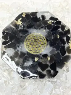 オルゴナイトトレイ 置物 フラワーオブライフ モリオン オブシディアン