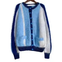 海外古着 総柄 ストライプ ライン モヘア ニットカーディガン ブルー