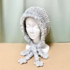 ボンネット バラクラバ ファー付き ニットフード帽 y2k グレー 防寒