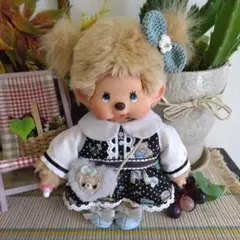 モンチッチＳ　服　ワンピース　靴　バッグ　髪飾り　くま　黒水色