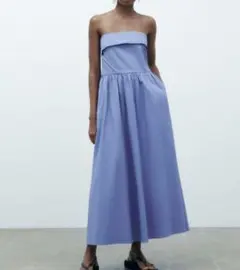 ZARA 夏　コットン製　ロング　ミディ丈ワンピース ブルー　ノースリーブのサムネイル