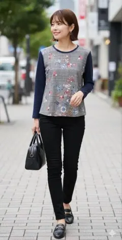 新品未使用品　花柄プリント 長袖Tシャツ グレー ネイビー