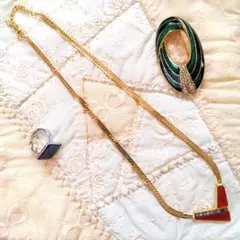 【特価！】【昭和レトロ】　キラキラブローチ　天然石ネックレス　リング　セット