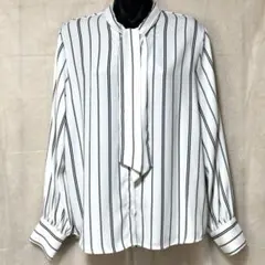 ボウタイ ストライプ ブラウス シャツ 白×黒 L