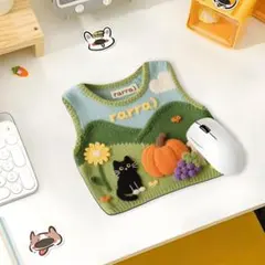 面白い猫とカボチャの3Dニットベスト風マウスパッド緑可愛い立体ユニークなデザイン