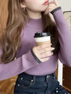 ＊moment+＊ ボトルネック配色ラインワイドリブニットプルオーバー