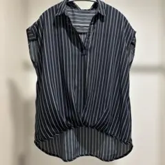 半袖　ブラウス　M ストライプ　ネイビー　白　透け感　フレンチスリーブ