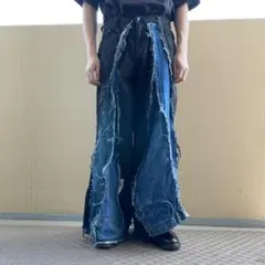 【希少】人気カラー　トラックパンツ　デニムパンツ　再構築　リメイクデニムパンツ ジップアップリメイクライク ジャージ×デニムパンツ（デニム