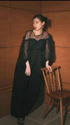 ブラックロングドレス シースルー袖